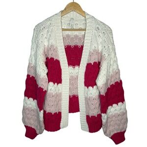 Dreamers‎ by Debut Cardigan Sweater Pink White Striped Chunky Knit Open Size XL